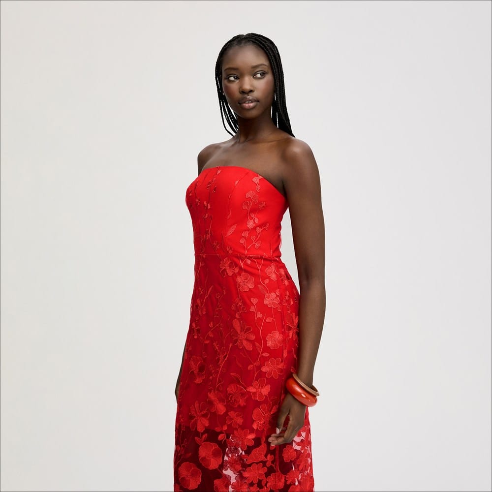 3D Strapless Rose Laced Maxi Dress