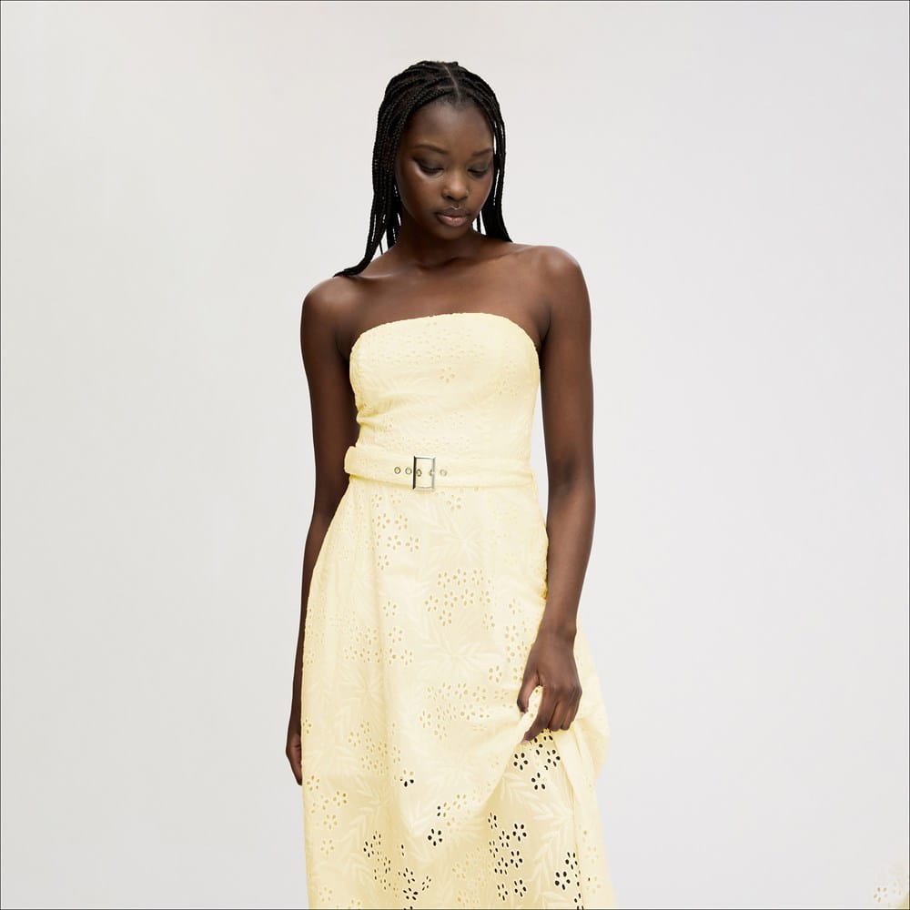 Strapless Belted Eyelet Midi Dress