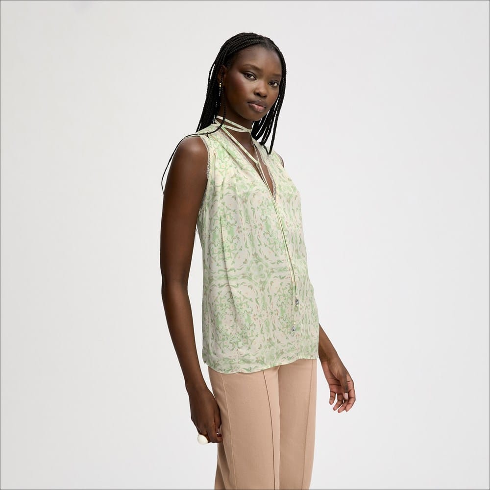 Pleated Lace Insert Sleeveless Top - Image 2