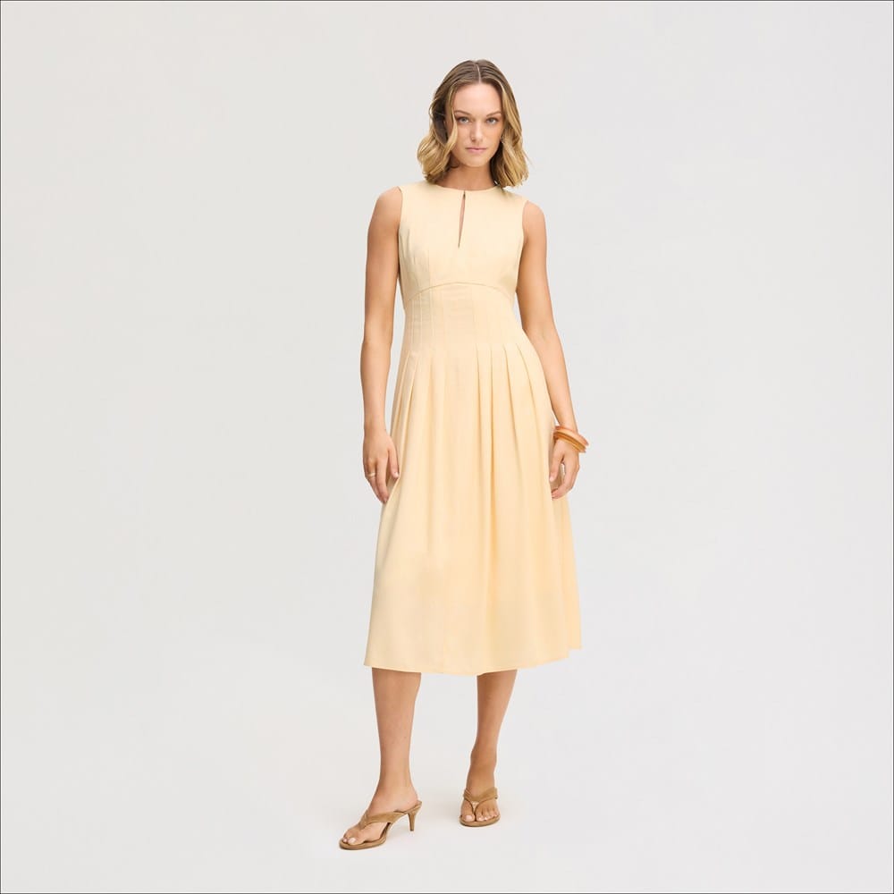 Pin Tuck Solid Midi Dress